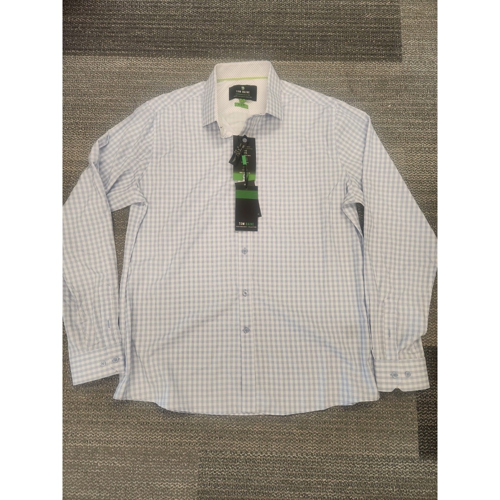 Tom Baine Performance Shirt Mens XL Blue Check Button Slim Fit Long Sleeve NWT